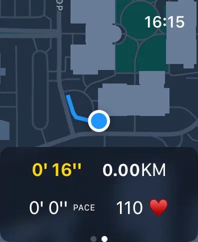 FitCrumbs on Apple Watch during a workout: the map with the route and current position, and below it elapsed time, distance, pace and heart rate