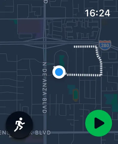 FitCrumbs on Apple Watch: the planned route as a dotted line on the map, with a run icon and a green start button