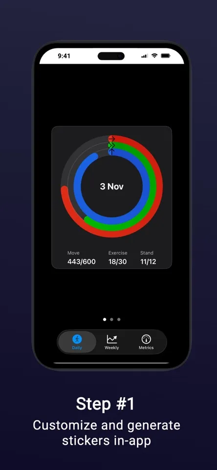 Fit Stickers on iPhone: a sticker card with the three activity rings for 3 Nov and Move, Exercise and Stand counts, above Daily, Weekly and Metrics tabs